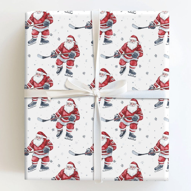 Christmas Sports Gift Wrap, Hockey Santa Wrapping Paper, Ice Hockey Player Santa Wrap, Holiday Gift Wrapping Paper, Xmas Present Wrap