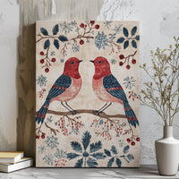 Folk Art Holiday Berry Canvas Print, Winter Bird Canvas Wall Art, Snowflake Winter Scene Wall Decor, Seasonal Christmas Gallery Canvas Art