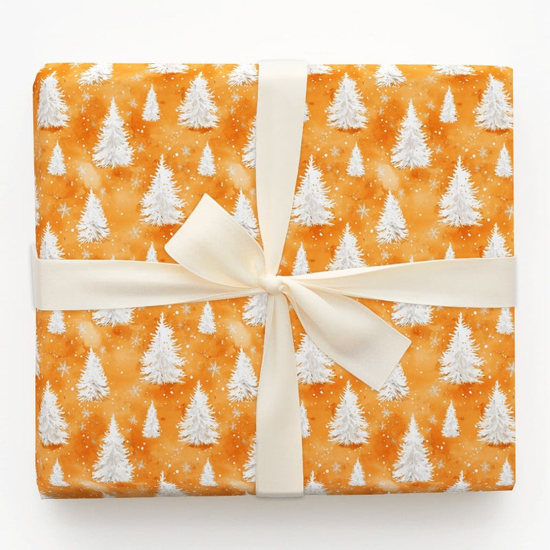 Watercolor Christmas Wrapping Paper, Orange Pine Tree Wrapping Paper, Winter Snowflake Holiday Wrapping Paper, Festive Forest Gift Wrap