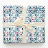 Folk Art Tile Gift Wrap, Scandinavian Christmas Wrapping Paper, Watercolor Tree Snowflake Wrapping Paper, Nordic Holiday Gift Wrap Roll