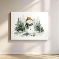Snowy Pine Forest Winter Landscape, Watercolor Snowman Canvas Wall Art Print, Christmas Holiday Wall Decor, Digital Download