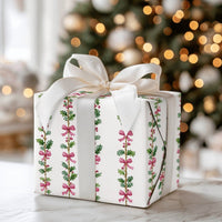 Pink Bow Garland Holiday Gift Wrap, Watercolor Holly Christmas Wrapping Paper, Festive Botanical Wrapping Paper, Elegant Gift Wrapping Paper