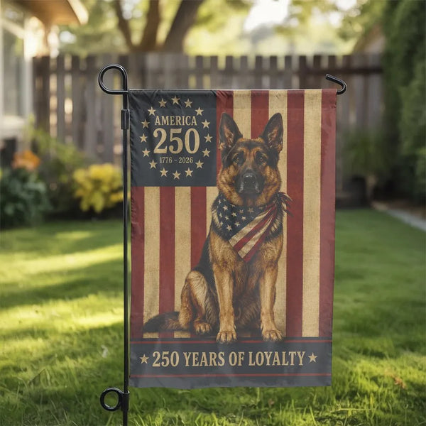 Patriotic German Shepherd Garden Flag | America 250 Years of Loyalty US Flag | Double-Sided Weather-Resistant Polyester | Vintage Military Dog Yard Decor Gift