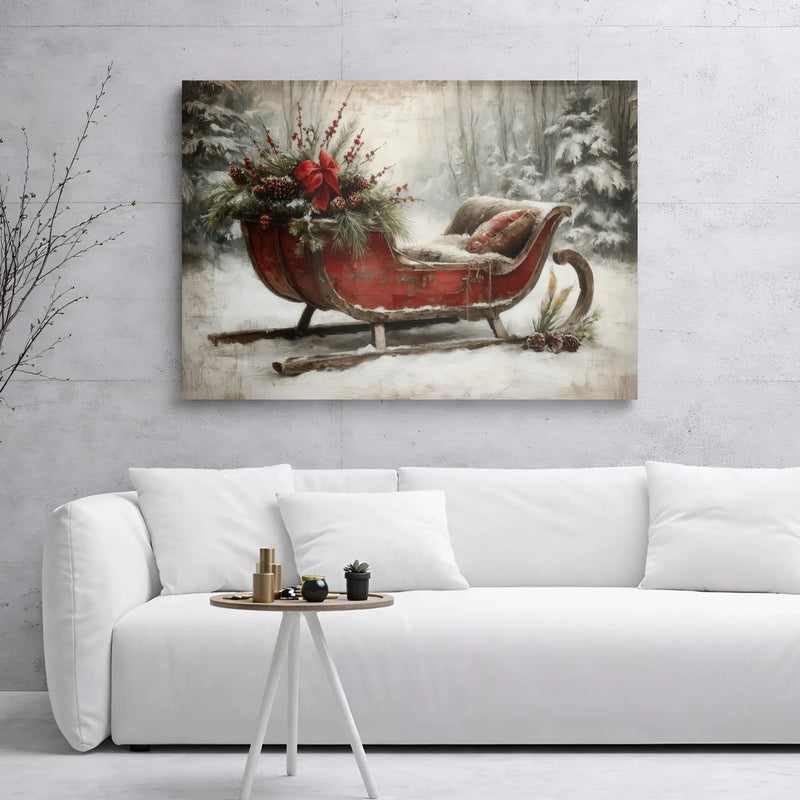 Snowy Winter Forest Canvas Print, Vintage Christmas Sleigh Canvas Art, Holiday Landscape Canvas Decor, Rustic Seasonal Wall Painting Present
