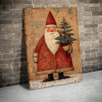 Folk Art Santa Canvas Print, Vintage Santa Claus Canvas Wall Art, Rustic Christmas Tree Canvas Decor, Holiday Santa Claus Canvas Wall Art