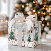 Watercolor NYC Urban Gift Wrap, Christmas City Skyline Wrapping Paper, Winter Pine Tree Present Wrap, Festive Holiday Packaging