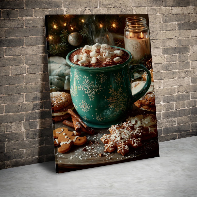 Gingerbread Mug Wall Art Canvas, Christmas Hot Cocoa Canvas Print, Festive Marshmallow Canvas Art, Holiday Kitchen Decor, Winter Season Present