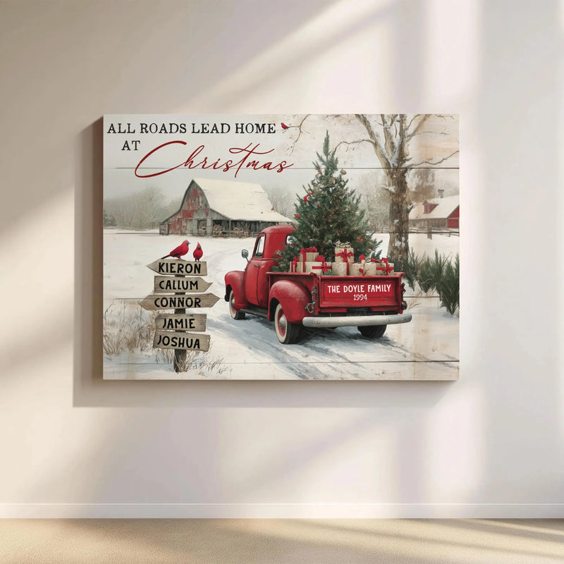 Farmhouse Red Truck Canvas Print, Personalized Family Christmas Canvas, Custom Winter Holiday Canvas Wall Art, Rustic Xmas Home Decor Present