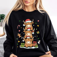 Adorable Stacked Cows Holiday Crewneck, Highland Cow Christmas Sweatshirt, Festive Farm Winter Pullover, Comfy Xmas Animal Sweater Present