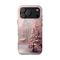 Snowy Victorian Holiday iPhone Case, Pink Christmas Tree Phone Case, Pink Bow Xmas Phone Cover, Winter Festive iPhone Case, Christmas Present