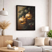 Vintage Holiday Pine Canvas Print, Golden Christmas Ornaments Canvas Wall Art, Festive Xmas Painting Canvas, Christmas Wall Decor Present