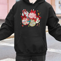 Disco Ball Bow Graphic Sweatshirt, Retro Christmas Ornaments Hoodie, Trendy Holiday Pullover, Pink Christmas Season Hooded Top for Her