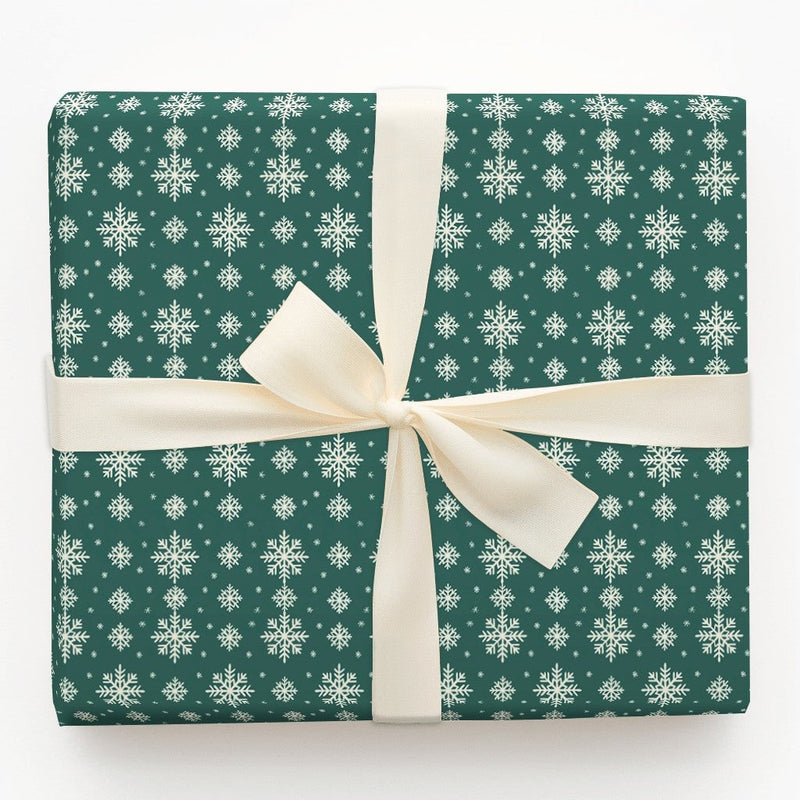 White Snowflakes Gift Wrap, Green Snowflake Wrapping Paper, Elegant Christmas Present Paper, Winter Holiday Wrapping Paper, Xmas Gift Wrap
