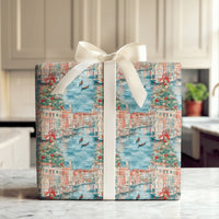Watercolor Italy Canal Wrapping Paper, Venice Christmas Wrapping Paper, Festive European City Gift Wrap, Holiday Canal Boat Wrapping Paper