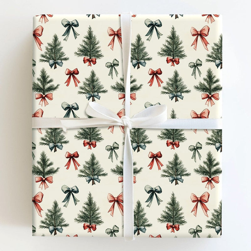 Festive Tree and Bow Gift Wrap Roll, Watercolor Christmas Wrapping Paper, Colorful Holiday Wrapping Paper, Retro Xmas Gift Wrap Paper