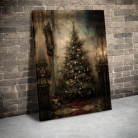 Moody Antique Room Oil Painting Art, Vintage Christmas Tree Canvas Print, Rustic Holiday Wall Decor, Nostalgic Xmas Canvas Present