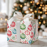 Christmas Ornament Gift Wrap, Watercolor Bauble Wrapping Paper, Festive Snowflake Wrapping Paper, Holiday Confetti Wrapping Paper Roll
