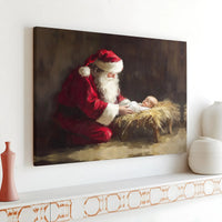 Religious Christmas Canvas Wall Art, Santa Kneeling Before Baby Jesus Canvas Print, Holy Nativity Scene Decor, Holiday Present