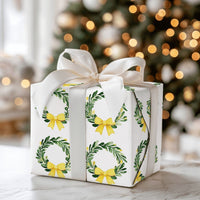 Yellow Bow Holiday Gift Wrap, Green Wreath Christmas Wrapping Paper, Watercolor Botanical Wrapping Paper, Birthday Party Gift Wrap Roll