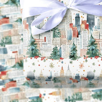 Watercolor NYC Urban Gift Wrap, Christmas City Skyline Wrapping Paper, Winter Pine Tree Present Wrap, Festive Holiday Packaging