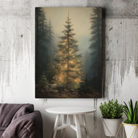 Glowing Pine Woodland Wall Art, Christmas Tree Forest Canvas, Misty Winter Forest Canvas Print, Enchanted Holiday Tree Decor