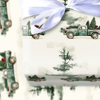 Farmhouse Tree Gift Wrap, Vintage Green Truck Christmas Wrapping Paper, Rustic Pine Holiday Wrapping Paper, Winter Present Gift Wrap Roll