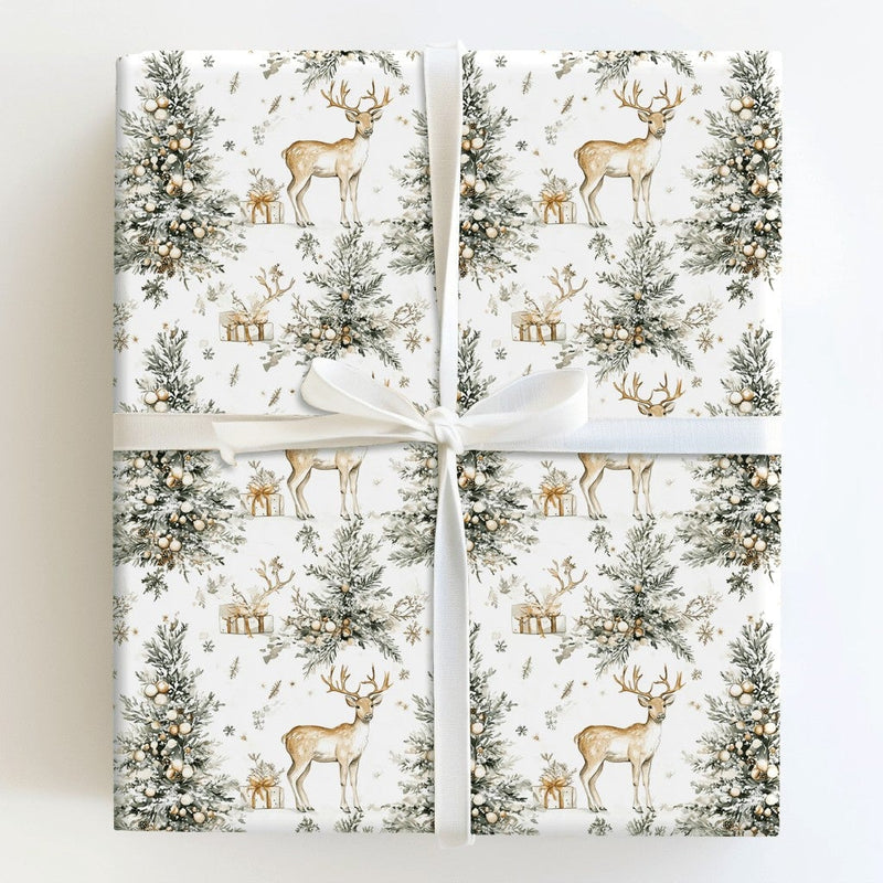 Rustic Watercolor Reindeer Gift Wrap, Woodland Reindeer Wrapping Paper, Winter Pine Tree Reindeer Paper Roll, Christmas Gift Wrapping Paper