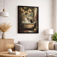 Whimsical Holiday Bathtub Poster, Ghost and Black Cat Christmas Wall Art, Spooky Adorable Xmas Decor Print, Digital Download Cat Lover Present