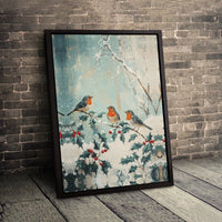 Snowy Holly Branch Bird Painting Printable Art, Winter Robin Canvas Digital Download, Christmas Wall Art Poster, Holiday Home Decor