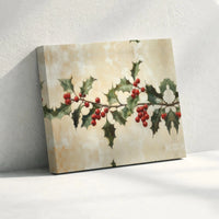 Vintage Red Berry Canvas Print, Christmas Holly Branch Canvas Art, Botanical Holiday Canvas Wall Art, Winter Holly Wall Decor, Xmas Present