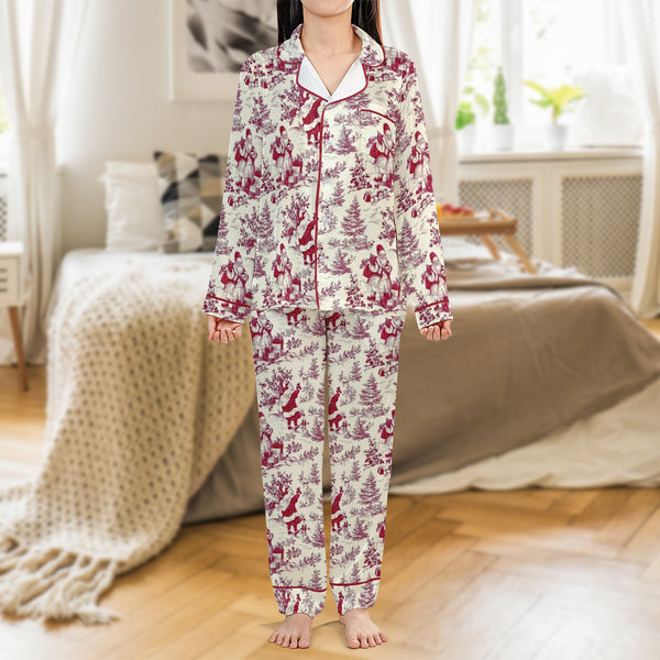 Vintage Santa Satin Pajamas Set, Christmas Santa Toile Pajamas, Holiday Loungewear Sleepwear Set, French Toile Pajamas, Prese