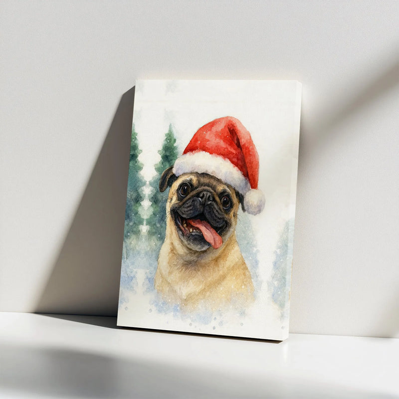 Watercolor Santa Hat Puppy Canvas Print, Christmas Pug Canvas Art, Festive Dog Wall Art, Holiday Animal Canvas Decor, Present for Pug Lovers