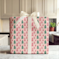 Festive Holiday Gift Wrap Paper, Pink Watercolor Christmas Tree Wrapping Paper, Modern Pastel Christmas Wrapping Paper Roll Present Wrap