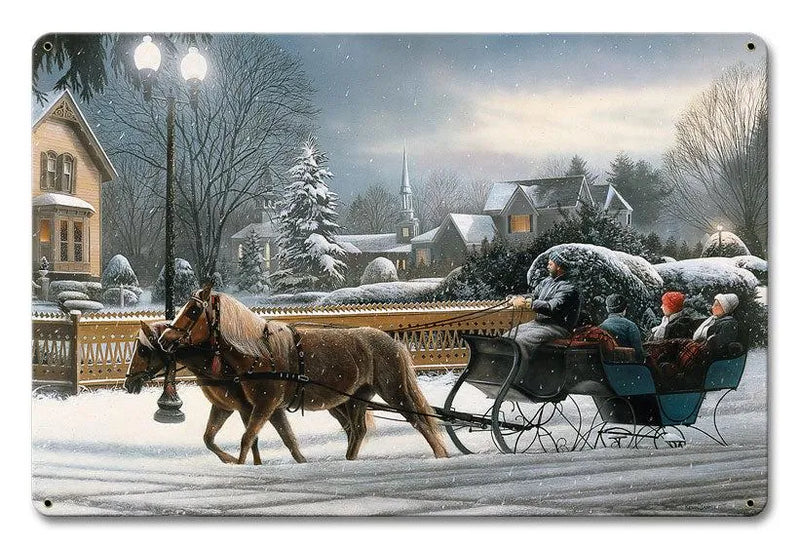 Vintage Christmas Village Sleigh Sign, Winter Heavenly Night Metal Sign, Holiday Snowy Landscape Metal Wall Art, Winter Home Decor Present