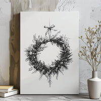 Black and White Holiday Wall Art, Christmas Wreath Canvas Print, Minimalist Botanical Canvas, Winter Festive Wall Decor, Xmas Home Art Present