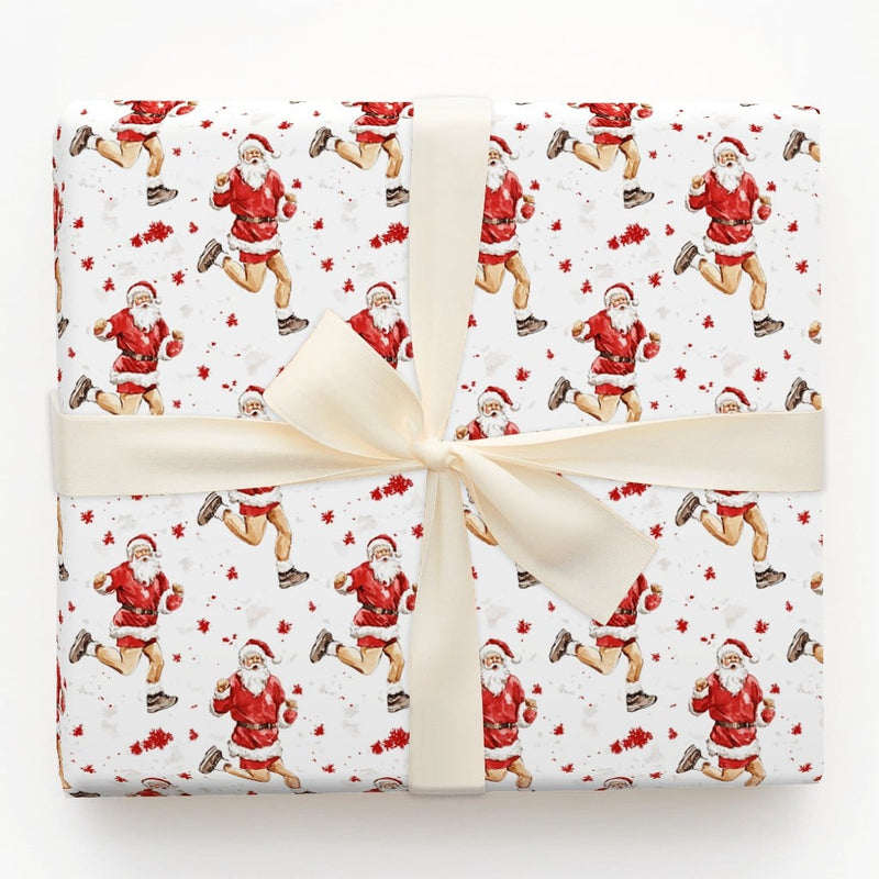 Jogging Santa Claus Gift Wrap, Running Santa Wrapping Paper, Humorous Fitness Santa Holiday Wrap, Adorable Christmas Present Wrapping Paper Roll