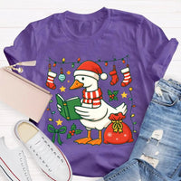 Humorous Holiday Bookworm Goose Shirt, Christmas Goose Reading Book T-Shirt, Adorable Winter Reading Tee, Book Lover Christmas Present T-Shirt