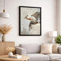 Adorable Winter Bird Canvas Print, Whimsical Snowman Canvas Wall Art, Holiday Snowman Canvas Art, Festive Farmhouse Wall Decor, Christmas Present