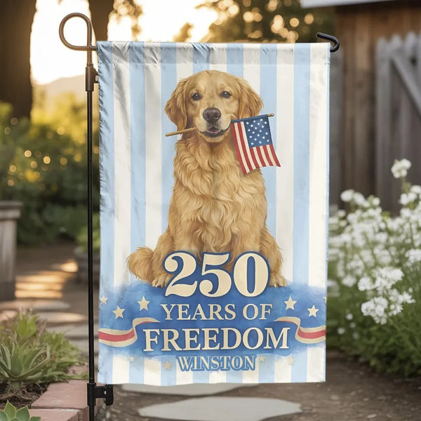 Patriotic Golden Retriever Garden Flag | Custom Name 250 Years of Freedom | Weather Resistant Double Sided | Gift for Dog Owner & US Patriot