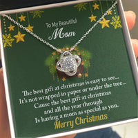 Mother Christmas Necklace, Love Knot Necklace for Mom, Love Knot Pendant Necklace, White Gold CZ Necklace, Holiday Keepsake Present for Mother