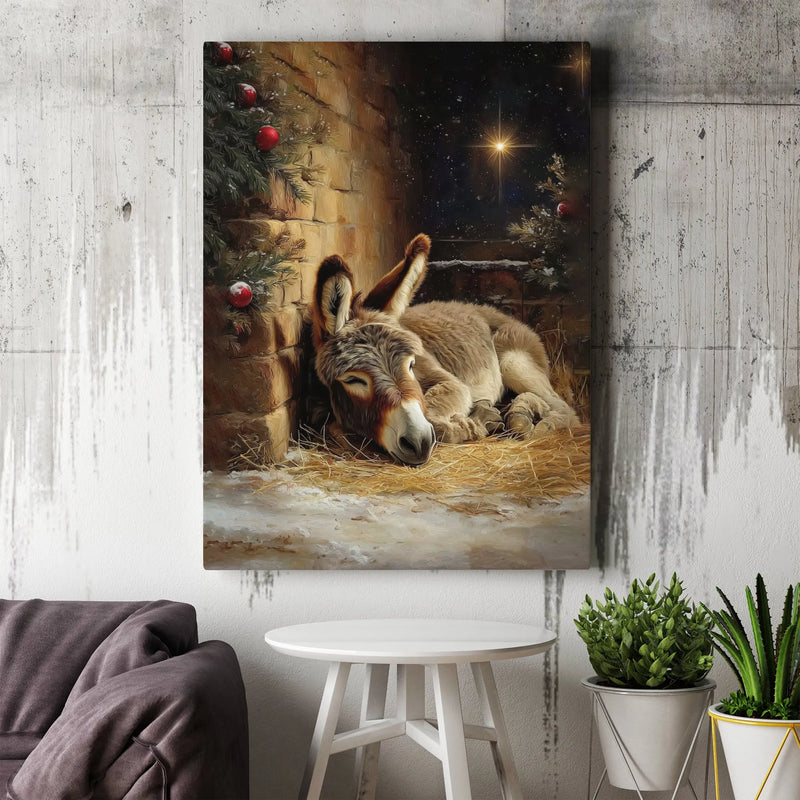 Holy Manger Christmas Canvas Wall Art, Sleeping Donkey Nativity Canvas Print, Religious Farm Animal Canvas Decor, Christian Holiday Present