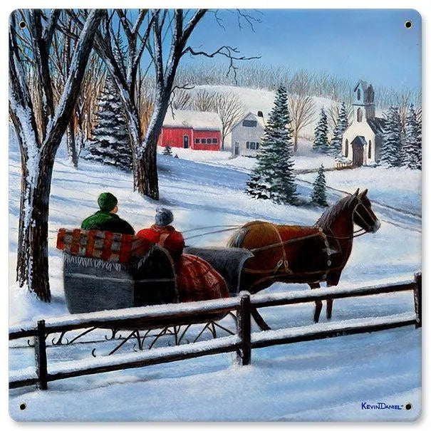 Vintage Holiday Sleigh Metal Sign, Winter Sleigh Metal Sign, Retro Christmas Metal Wall Art, Rustic Winter Scene Metal Sign, Holiday Present