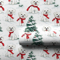 Winter Puppy Holiday Wrapping Paper, Maltese Dog Christmas Wrapping Paper, Snowy Tree Dog Wrapping Paper, Festive Pet Lover Gift Wrap Roll