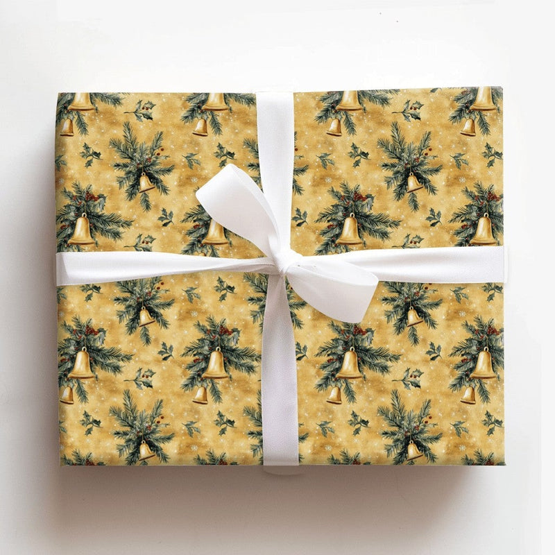 Pine Bough Holiday Gift Wrap Roll, Vintage Golden Bells Christmas Wrapping Paper, Traditional Xmas Paper, Antique Present Wrap