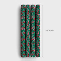 Botanical Winterberry Gift Wrap, Christmas Wrapping Paper, Red Berry Holiday Wrapping Paper, Dark Green Christmas Gift Wrapping Paper Roll