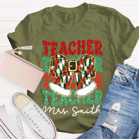 Custom Name Holiday Educator Graphic Tee, Personalized Teacher Christmas Bow Shirt, Adorable Winter Classroom T-Shirt, Teacher Xmas Present Idea
