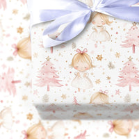 Whimsical Holiday Girl and Gold Stars Gift Wrap Paper, Pink Christmas Wrapping Paper, Adorable Pastel Xmas Present Wrapping Paper Roll