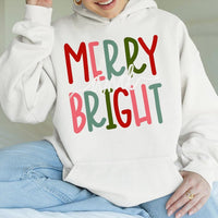 Retro Holiday Graphic Hooded Sweatshirt, Merry and Bright Hoodie, Adorable Colorful Christmas Pullover, Comfy Winter Holiday Present for Her Him