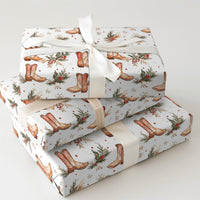 Cowboy Boots Holiday Gift Wrap, Western Christmas Wrapping Paper, Rustic Country Xmas Gift Wrapping Paper, Winter Holly Present Paper Roll