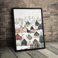 Watercolor Christmas Town Canvas Print, Snowy Winter Village Canvas Wall Art, Gold Snowfall Holiday Canvas, Festive Winter Wall Decor